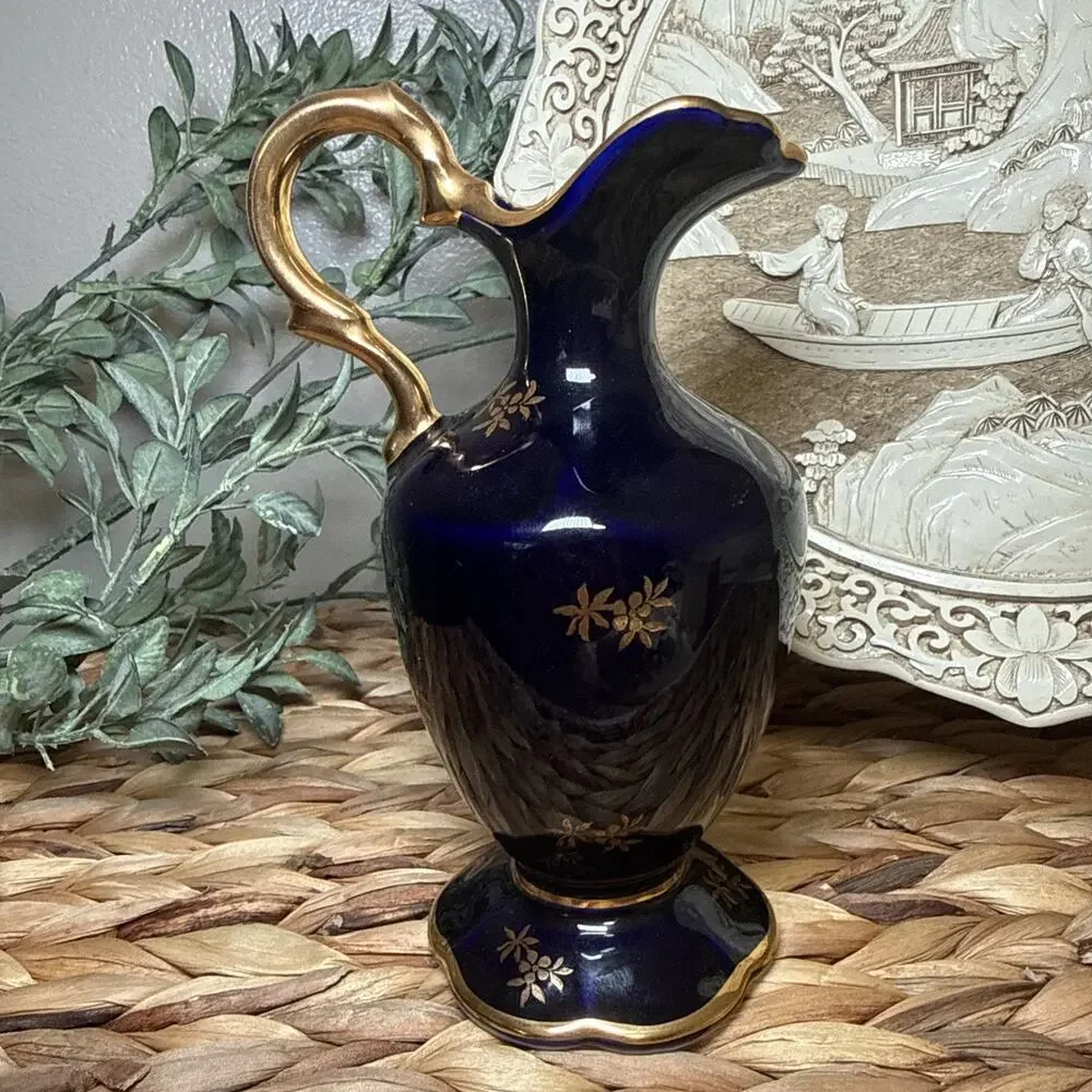 Limoges Castel France Cobalt Blue Gold Gilt Mini Ewer Pitcher 6” Porcelain